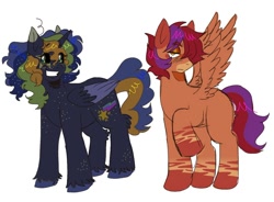 Size: 1170x860 | Tagged: safe, artist:roseytherose, oc, oc only, oc:twinkle star, unnamed oc, alicorn, pegasus, pony, alicorn oc, ambiguous gender, black coat, black sclera, body freckles, coat markings, colored ears, colored eartips, colored eyebrows, colored hooves, colored muzzle, colored pupils, colored wings, colored wingtips, curly mane, curly tail, duo, ear fluff, eye clipping through hair, eyebrows, eyebrows visible through hair, eyeshadow, facial markings, folded wings, freckles, frown, gradient legs, green eyes, horn, leg fluff, leg freckles, lidded eyes, long mane, long tail, looking away, makeup, mealy mouth (coat marking), messy mane, multicolored mane, no catchlights, orange coat, orange eyes, pegasus oc, raised hoof, shiny mane, shiny tail, short mane, simple background, smiling, socks (coat markings), standing, tail, two toned eyes, two toned mane, two toned tail, two toned wings, unicorn horn, unshorn fetlocks, white background, wings