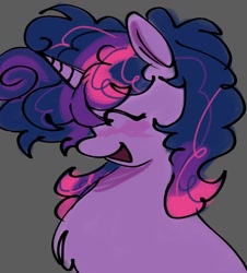 Size: 1154x1278 | Tagged: safe, artist:roseytherose, twilight sparkle, pony, unicorn, g4, alternate hairstyle, blushing, bust, chest fluff, colored pinnae, colored sketch, curly mane, eyes closed, female, gray background, horn, mare, multicolored mane, open mouth, open smile, profile, purple coat, simple background, sketch, smiling, solo, unicorn horn, unicorn twilight