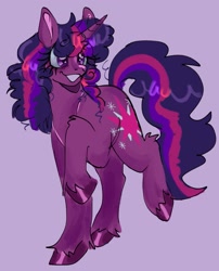Size: 1169x1446 | Tagged: safe, artist:roseytherose, part of a set, twilight sparkle, pony, unicorn, g4, alternate color palette, alternate hairstyle, alternate tailstyle, bags under eyes, colored hooves, colored pinnae, colored sketch, curly mane, curly tail, eye clipping through hair, female, hock fluff, horn, leg fluff, long mane, long tail, mare, purple background, purple coat, purple eyes, purple hooves, raised hoof, raised leg, shiny hooves, shiny mane, shiny tail, simple background, sketch, smiling, solo, tail, thick eyelashes, unicorn horn, unicorn twilight, unshorn fetlocks, wingding eyes