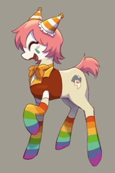 Size: 760x1136 | Tagged: safe, artist:shinehop69, oc, oc only, oc:shinehop, earth pony, pony, clothes, clown makeup, cream coat, earth pony oc, eyes closed, gray background, hat, long socks, male, neck bow, open mouth, open smile, party hat, pink mane, pink tail, ponysona, profile, rainbow socks, raised hoof, short mane, short tail, signature, simple background, smiling, socks, solo, stallion, standing, striped socks, tail, vest, watermark