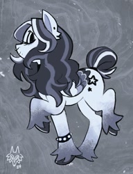 Size: 706x920 | Tagged: safe, artist:thrivinghigh, oc, oc only, oc:black sterling, pegasus, pony, abstract background, beauty mark, coat markings, colored pinnae, colored wings, curly mane, ear fluff, ear piercing, earring, eyes closed, eyeshadow, female, folded wings, jewelry, long mane, makeup, mare, multicolored mane, multicolored tail, multicolored wings, nose piercing, pegasus oc, piercing, profile, raised hoof, raised leg, septum piercing, short tail, signature, smiling, socks (coat markings), solo, spiked wristband, tail, tied tail, unshorn fetlocks, white coat, wings, wristband