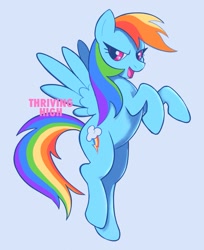 Size: 1087x1335 | Tagged: safe, artist:thrivinghigh, rainbow dash, pegasus, pony, g4, blue background, blue coat, determined look, female, flying, long mane, long tail, looking back, mare, multicolored hair, multicolored mane, multicolored tail, narrowed eyes, open mouth, open smile, pink eyes, rainbow hair, rainbow tail, raised hooves, signature, simple background, smiling, solo, spread wings, tail, wingding eyes, wings