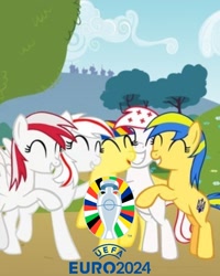 Size: 720x902 | Tagged: safe, anonymous artist, earth pony, pegasus, pony, ^^, austria, current events, euro 2024, eyes closed, female, football, georgia (country), group hug, hug, mare, nation ponies, poland, ponified, romania, sports, ukraine