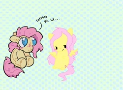 Size: 960x704 | Tagged: safe, artist:anyamania, fluttershy, original species, pegasus, plush pony, pony, g4, blushing, chibi, comparison, dialogue, dot eyes, duo, duo female, female, looking at someone, mare, no mouth, pink mane, pink tail, plushie, self paradox, self ponidox, tail, teal eyes, text, wingding eyes, wingless, yellow coat