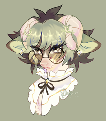 Size: 1688x1938 | Tagged: safe, artist:deneiorr, oc, oc only, oc:oak, pegasus, pony, ambiguous gender, brown eyes, bust, chest fluff, colored ears, colored eartips, colored eyebrows, colored horn, colored muzzle, colored pinnae, ear fluff, ear piercing, earring, eye clipping through hair, eyebrows, eyebrows visible through hair, facial markings, floppy ears, glasses, green background, horn, horns, jewelry, lace collar, lidded eyes, mealy mouth (coat marking), piercing, ram horns, shiny mane, short mane, simple background, smiling, solo, sparkly eyes, thick eyelashes, two toned mane, wingding eyes
