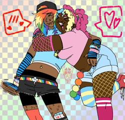 Size: 1600x1538 | Tagged: safe, artist:volaryvirus, pinkie pie, rainbow dash, human, g4, ><, arm warmers, backwards cap, baseball cap, beanbrows, belly button, belly piercing, belt, blushing, boxers, bracelet, braces, cap, checkered background, clothes, colored eyebrows, dark skin, duo, duo female, dyed hair, ear piercing, earring, emo, eyebrows, eyes closed, eyeshadow, fat, female, fishnet clothing, gradient background, hair bun, hair over one eye, hat, height difference, hug, humanized, jewelry, kandi, knee brace, kneesocks, leg hair, lip piercing, lipstick, long socks, makeup, mismatched socks, multicolored hair, necklace, nose piercing, open mouth, open smile, painted nails, physique difference, piercing, rainbow hair, scemo, scene, scene hair, scenecore, shoes, short shirt, smiling, snake bites, sneakers, socks, speech bubble, stimming, tan skin, tied hair, underwear