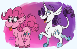 Size: 2978x1891 | Tagged: safe, artist:megadrivesonic, pinkie pie, rarity, earth pony, unicorn, g4, :p, cloven hooves, female, gradient background, horn, leonine tail, long ears, tail, tongue out