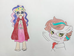 Size: 1280x961 | Tagged: safe, artist:doodletheexpoodle, oc, oc only, oc:daylight amethyst, oc:pocket watch, alicorn, earth pony, anthro, unguligrade anthro, blushing, cape, cloak, clothes, duo, duo female, female, floppy ears, hands together, headband, heart, heart eyes, hidden horn, lesbian, mare, oc x oc, offspring, parent:doctor whooves, parent:starlight glimmer, parent:sunburst, parent:twilight sparkle, parents:starwhooves, parents:twiburst, puppy dog eyes, shipping, teary eyes, traditional art, turned head, wavy mouth, wingding eyes