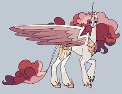 Size: 1647x1272 | Tagged: safe, artist:p0rk-guts, princess celestia, alicorn, pony, g4, alternate color palette, alternate cutie mark, alternate design, alternate hair color, alternate hairstyle, alternate tail color, alternate tailstyle, colored pinnae, colored wings, colored wingtips, concave belly, crown, curly mane, curly tail, curved horn, ear fluff, eyeshadow, female, gray background, hoof shoes, horn, jewelry, large wings, leonine tail, lidded eyes, long horn, long legs, long neck, looking at you, makeup, mare, multicolored mane, multicolored tail, peytral, pink eyes, princess shoes, red mane, red tail, redesign, regalia, signature, simple background, slender, solo, starry eyes, tail, tall, thick eyelashes, thin, thin horn, thin legs, tiara, unicorn horn, watermark, white coat, wingding eyes, wings