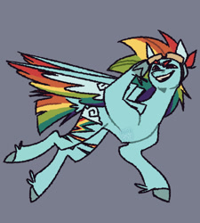 Size: 900x1000 | Tagged: safe, artist:p0rk-guts, rainbow dash, pegasus, pony, g4, alternate design, alternate eye color, alternate hairstyle, alternate tailstyle, blue coat, brown eyes, colored eyebrows, colored hooves, colored pinnae, colored wings, colored wingtips, concave belly, fetlock tuft, flying, goggles, goggles on head, gray background, long mane, looking at you, male, messy mane, multicolored hair, multicolored mane, multicolored tail, multicolored wings, narrowed eyes, open mouth, open smile, partially open wings, rainbow hair, rainbow tail, rainbow wings, raised hoof, salute, short tail, signature, simple background, smiling, smiling at you, solo, stallion, tail, transgender, transmasculine, watermark, wings