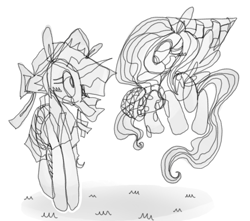 Size: 1280x1134 | Tagged: safe, artist:p002er, fluttershy, rarity, pegasus, pony, unicorn, g4, abstract, clothes, dress, duo, duo female, female, flying, grass, grayscale, hat, horn, looking at each other, looking at someone, mare, monochrome, simple background, sun hat, white background