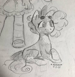 Size: 2009x2048 | Tagged: safe, artist:bunnykitty13, oc, oc only, oc:banana split, earth pony, pony, ambiguous gender, beanbrows, blaze (coat marking), coat markings, colored eartips, crossed hooves, curly mane, curly tail, earth pony oc, eyebrows, eyelashes, facial markings, high res, lying down, pencil drawing, prone, signature, smiling, solo, splotches, tail, traditional art, wingding eyes
