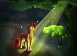 Size: 2048x1502 | Tagged: safe, artist:some-r4ndom-person, sunburst, pony, unicorn, g4, crepuscular rays, forest, horn, looking up, male, missing cutie mark, nature, solo, stallion, tree