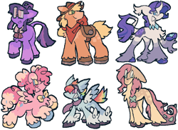 Size: 1100x800 | Tagged: safe, artist:unidog, applejack, fluttershy, pinkie pie, rainbow dash, rarity, twilight sparkle, earth pony, pegasus, pony, unicorn, g4, alternate color palette, alternate cutie mark, alternate design, alternate eye color, alternate hair color, alternate hairstyle, alternate tail color, alternate tailstyle, applejack's hat, bandana, big ears, big eyes, blaze (coat marking), blonde mane, blonde tail, blue coat, blue eyes, blue sclera, bowtie, braid, braided ponytail, butt fluff, chest fluff, choker, clothes, coat markings, colored eartips, colored hooves, colored muzzle, colored pinnae, colored sclera, colored underhoof, colored wings, colored wingtips, concave belly, cowboy hat, curly mane, curly tail, curved horn, ear fluff, ear tufts, earth pony fluttershy, earth pony twilight, eye clipping through hair, eyebrows, eyeshadow, facial markings, fangs, female, fetlock tuft, floppy ears, freckles, glasses, goggles, goggles on head, green eyes, green sclera, group, hair accessory, hair bun, hat, height difference, hooves, horn, horseshoes, leaves in tail, leonine tail, lidded eyes, long legs, long mane, long tail, looking back, makeup, mane six, mare, mealy mouth (coat marking), messy tail, missing cutie mark, multicolored hair, multicolored hooves, multicolored mane, multicolored tail, narrowed eyes, neckerchief, no catchlights, no mouth, open motuh, open mouth, orange coat, pegasus pinkie pie, physique difference, pink coat, pink eyes, pink mane, pink sclera, pink tail, ponytail, profile, purple coat, purple mane, purple tail, race swap, rainbow hair, rainbow tail, raised eyebrow, raised hoof, rearing, redesign, sailor collar, scarf, sextet, sharp teeth, short hair rainbow dash, short mane, simple background, small wings, smiling, smoldash, socks (coat markings), space buns, splotches, spotted, spread wings, square glasses, standing, stick in tail, tail, tail accessory, tallershy, teeth, thin legs, tied mane, transparent background, two toned eyes, two toned mane, two toned tail, two toned wings, underhood, unicorn twilight, unshorn fetlocks, wall of tags, wavy mane, wavy tail, white coat, wide stance, wings, yellow coat, yellow eyes