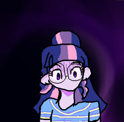 Size: 378x372 | Tagged: safe, artist:dummymcsnortee, sci-twi, twilight sparkle, human, equestria girls, g4, clothes, cypher, detailed background, digital art, ears, expression, glasses, humanized, lowres, ms paint, multicolored hair, no mouth, ponytail, purple skin, round glasses, shirt, solo, striped shirt, swirly background, worried