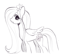 Size: 1931x1843 | Tagged: safe, artist:risswm, fluttershy, pegasus, pony, g4, alternate cutie mark, female, flower, flower in hair, grayscale, looking down, mare, monochrome, open mouth, profile, simple background, sketch, solo, white background