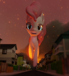 Size: 1080x1180 | Tagged: safe, artist:magnetvox, pinkie pie, earth pony, pony, g4, 3d, destruction, female, fire, giant pinkie pie, giant pony, giantess, house, looking at you, macro, mare, town