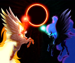 Size: 6000x5093 | Tagged: safe, artist:atelgo-starfall, daybreaker, nightmare moon, alicorn, pony, g4, absurd resolution, antagonist, black background, blue eyes, blue mane, blue tail, crepuscular rays, digital art, duo, duo female, eclipse, ethereal mane, ethereal tail, eyeshadow, feather, female, flowing mane, flowing tail, flying, gem, glowing, glowing horn, helmet, hoof shoes, horn, looking at each other, looking at someone, magic, makeup, mane of fire, mare, open mouth, peytral, princess shoes, simple background, smiling, smiling at each other, sparkles, spread wings, stars, sunlight, tail, tail of fire, villainess, wings, yellow eyes