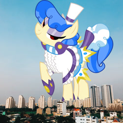 Size: 1280x1280 | Tagged: safe, artist:dashiesparkle, edit, editor:jaredking779, sapphire shores, earth pony, pony, g4, attack on pony, clothes, eyeshadow, female, giant pony, giantess, hat, highrise ponies, ho chi minh, irl, lidded eyes, macro, makeup, mare, photo, ponies in real life, raised hoof, red eyes, solo, story included, vietnam