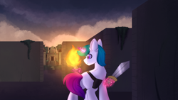 Size: 3840x2160 | Tagged: safe, artist:lbrcloud, oc, oc only, pony, unicorn, 4k, butt, commission, facing away, frown, glowing, glowing horn, high res, horn, labyrinth, levitation, magic, male, plot, ruins, solo, stallion, sword, telekinesis, temple, torch, weapon