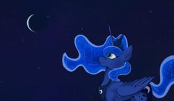 Size: 1847x1081 | Tagged: safe, artist:draoicat, princess luna, alicorn, pony, g4, concave belly, constellation hair, crescent moon, female, looking up, mare, moon, night, slender, smiling, solo, stars, thin