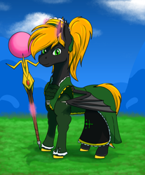 Size: 2120x2560 | Tagged: safe, artist:terminalhash, oc, oc:ravery, oc:ravery kadogan, demon, demon pony, pony, clothes, combat maid, grass, grass field, magic, magic staff, maid, solo