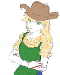 Size: 1469x1845 | Tagged: safe, artist:mlp_1121, applejack, human, g4, applejack's hat, apron, clothes, colored sketch, cowboy hat, female, gloves, hat, humanized, simple background, sketch, solo, white background