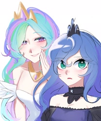 Size: 1892x2274 | Tagged: safe, artist:mlp_1121, princess celestia, princess luna, human, g4, choker, clothes, dress, duo, eye clipping through hair, eyebrows, eyebrows visible through hair, female, humanized, jewelry, peytral, regalia, simple background, sweat, whispering, white background