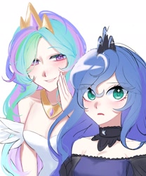 Size: 1892x2274 | Tagged: safe, artist:mlp_1121, princess celestia, princess luna, human, g4, choker, chokerluna, clothes, dress, duo, eye clipping through hair, eyebrows, eyebrows visible through hair, female, humanized, jewelry, peytral, regalia, simple background, sweat, whispering, white background