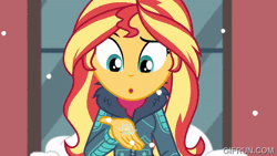Size: 520x293 | Tagged: safe, screencap, sunset shimmer, blizzard or bust, equestria girls, equestria girls series, g4, holidays unwrapped, spoiler:eqg series (season 2), animated, gifrun.com, snow, snowfall, snowflake, solo, window