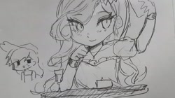 Size: 1921x1077 | Tagged: safe, artist:mlp_1121, applejack, rarity, human, g4, applejack's hat, armband, cellphone, clothes, cowboy hat, dress, duo, female, hat, humanized, jewelry, monochrome, necklace, phone, sketch, smartphone, traditional art