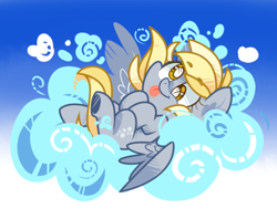 Size: 1200x950 | Tagged: safe, artist:yokokinawa, derpy hooves, pegasus, pony, g4, cloud, cute, derpabetes, female, gradient background, mare, on a cloud, smiling, solo, tongue out