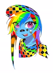 Size: 1506x2048 | Tagged: safe, artist:mlp_1121, rainbow dash, human, equestria girls, g4, bandaid, bandaid on nose, bust, ear piercing, earring, eye clipping through hair, eyebrows, eyebrows visible through hair, facial piercing, female, hat, helix piercing, humanized, jewelry, neckerchief, piercing, scene kid, simple background, solo, sticker, tongue piercing, white background