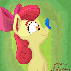 Size: 2048x2048 | Tagged: safe, artist:gosupermarinespitfire, apple bloom, butterfly, earth pony, pony, g4, bust, butterfly on nose, ear fluff, eyebrows, eyebrows visible through hair, female, filly, foal, gradient background, insect on nose, portrait, profile, smiling, solo