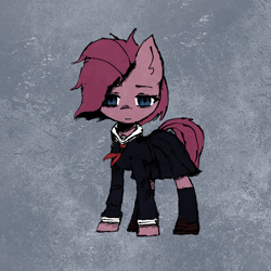 Size: 2000x2000 | Tagged: safe, artist:menalia, pinkie pie, earth pony, pony, g4, alternate hairstyle, clothes, cute, cuteamena, emotionless, empty eyes, female, looking at you, mare, pinkamena diane pie, sash, school uniform, shoes, simple background, skirt, socks