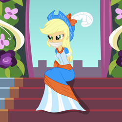 Size: 2000x2000 | Tagged: safe, artist:nie-martw-sie-o-mnie, part of a set, applejack, human, equestria girls, g4, magical mystery cure, applesub, arm behind back, bondage, bound and gagged, cloth gag, clothes, coronation dress, cowboy hat, dress, female, femsub, gag, hands behind back, hat, jewelry, necklace, sitting, solo, stairs, submissive