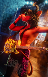 Size: 1600x2560 | Tagged: safe, artist:hevexy, oc, oc only, oc:hadrianus, demon, incubus, anthro, 3d, abs, blender, bracelet, clothes, concert, electric guitar, glasses, guitar, high res, holding, horns, jewelry, male, male nipples, muscles, musical instrument, night, nipples, nudity, pants, partial nudity, pecs, raised arm, sexy, smiling, smirk, solo, stage, standing, sunglasses, tail, topless