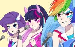 Size: 2048x1280 | Tagged: safe, artist:mlp_1121, rainbow dash, rarity, twilight sparkle, human, equestria girls, g4, shake your tail, eared humanization, female, humanized, microphone, simple background, trio, white background, winged humanization, wings