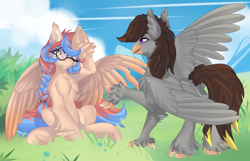 Size: 4200x2700 | Tagged: safe, artist:xvostik, oc, oc only, oc:dracey, oc:luxor, classical hippogriff, hippogriff, pegasus, braid, chest fluff, cloud, colored wings, duo, ear fluff, female, glasses, gradient wings, grass, hoof fluff, injured wing, male, one eye closed, pegasus oc, raised hoof, raised paw, single fang, sitting, sky, spread wings, tail, two toned mane, two toned tail, unshorn fetlocks, wings