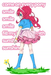 Size: 1493x2200 | Tagged: safe, alternate version, artist:mlp_1121, pinkie pie, human, smile hd, g4, boots, clothes, eared humanization, female, humanized, looking at you, looking back, looking back at you, lyrics, manic grin, shoes, simple background, skirt, smile song, smiling, solo, text, white background