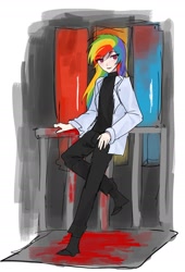 Size: 1493x2200 | Tagged: safe, artist:mlp_1121, rainbow dash, human, fanfic:rainbow factory, g4, clothes, eye clipping through hair, eyebrows, eyebrows visible through hair, fanfic art, female, humanized, lab coat, solo