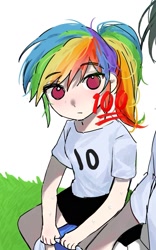 Size: 1049x1681 | Tagged: safe, artist:mlp_1121, rainbow dash, human, g4, clothes, female, humanized, ponytail, shirt, shorts, simple background, solo, sweat, t-shirt, white background