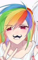 Size: 1311x2045 | Tagged: safe, artist:mlp_1121, rainbow dash, human, g4, eyebrows, eyebrows visible through hair, facial hair, female, humanized, moustache, peace sign, simple background, solo, white background