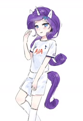 Size: 1245x1804 | Tagged: safe, artist:mlp_1121, rarity, human, g4, clothes, eared humanization, female, horn, horned humanization, humanized, jersey, shorts, simple background, solo, tail, tailed humanization, white background