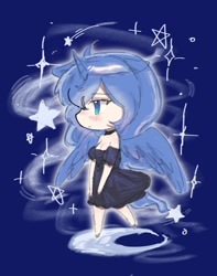 Size: 1424x1806 | Tagged: safe, artist:mlp_1121, princess luna, human, g4, abstract background, blushing, choker, clothes, dress, eared humanization, female, horn, horned humanization, humanized, solo, strapless, strapless dress, tail, tailed humanization, winged humanization, wings