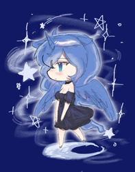 Size: 1424x1806 | Tagged: safe, artist:mlp_1121, princess luna, human, g4, abstract background, blushing, choker, chokerluna, clothes, dress, eared humanization, female, horn, horned humanization, humanized, solo, strapless, strapless dress, tail, tailed humanization, winged humanization, wings