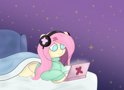 Size: 3509x2550 | Tagged: safe, artist:sparkfler85, fluttershy, pegasus, pony, g4, bed, clothes, computer, cute, freckles, freckleshy, hairclip, headphones, laptop computer, lying down, night, night sky, sky, solo, stars, sweater, sweatershy