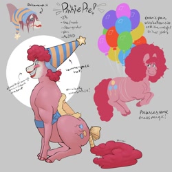 Size: 2000x2000 | Tagged: safe, artist:yas_per, pinkie pie, earth pony, pony, g4, afro, alternate design, balloon, clown makeup, flying, hat, party hat, pinkamena diane pie, saddle, solo, tack
