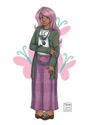 Size: 1620x2160 | Tagged: safe, artist:madamchris, fluttershy, human, g4, cardigan, clothes, cute, dark skin, feet, female, goth, humanized, indian, jewelry, long skirt, nail polish, necklace, sandals, shirt, shyabetes, simple background, skirt, solo, t-shirt, toenail polish, white background