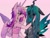 Size: 1203x904 | Tagged: safe, alternate version, artist:blvdswirls, princess cadance, queen chrysalis, changeling, changeling queen, anthro, g4, duo, duo female, female, infidelity, lesbian, pink background, ship:cadalis, shipping, simple background